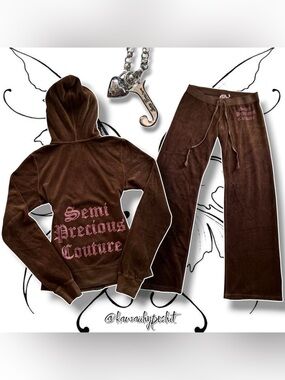 VTG Y2K Juicy Couture Brown Velour Hoodie & Pants Tracksuit Set with Pink Logo